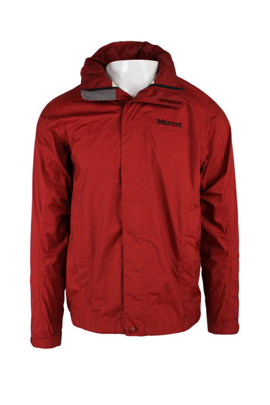 marmot burnt red velcro/zip up waterproof jacket. features logo embroidered at front/back, side zip hand pockets, adjustable velcro straps at cuffs, underarm zip vents, optional hood within collar, and elastic straps at hood/hem.