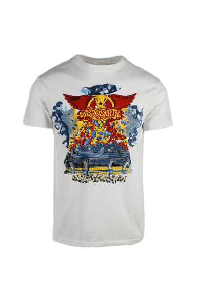 vintage white t-shirt. features 'aerosmith’ graphic printed at front with ribbed collar.