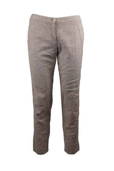 etro white, black, and pale coral woven tapered pants. features check-like pattern throughout, front slash pockets, rear jetted pockets, low waist, and zipper fly. unlined. 