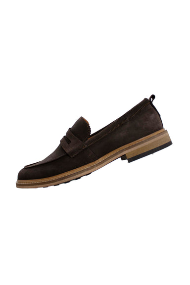 shoe the bear dark chocolate suede penny loafers. features heel pull tab, contrast sole, and 1" stacked heel. 
