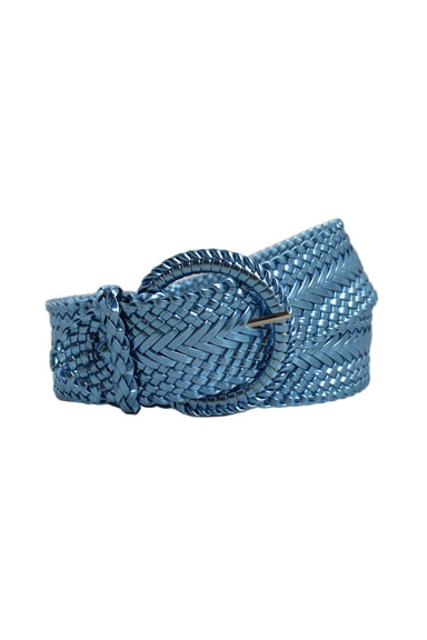 unlabeled celeste metallic belt. features a round buckle closure and a woven design.