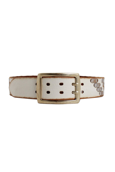 linea pelle off white and copper belt. features an adjustable buckle closure and silver metallic details.