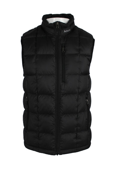 adsum black down puffer vest. features branding to left of mock neck collar, adjustable elastic hem, zip closure up entire center, checker quilted down filled body, and three front zip pockets. 