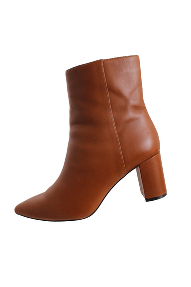 j.crew warm brown pointed mid ankle boots. features zipper closure up inner ankle, leather covered heel, leather lining, and synthetic sole. 