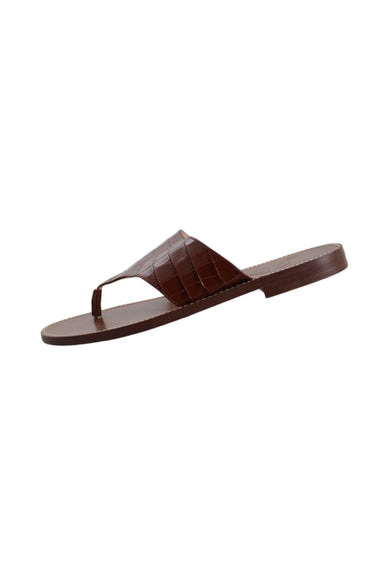 j.crew walnut embossed leather sandals. features croc-embossed foot strap, thong toe, and ~0.75” stacked heel. 