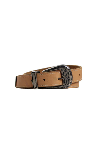 vintage gap tan western style leather belt. features contrast stitched designs, etched silver toned buckle + tip, and adjustable 5-hole closure. 