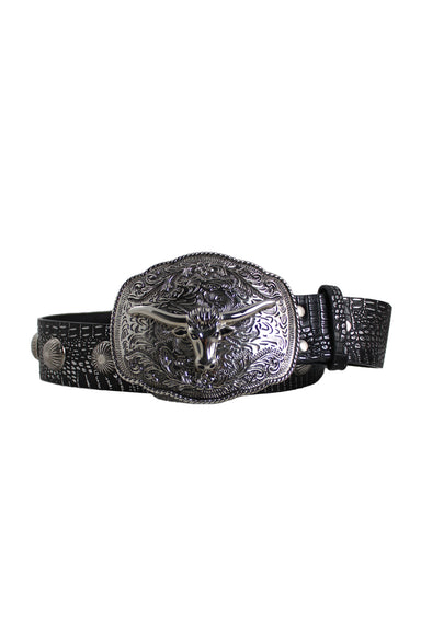 description: vintage western leather-like black and silver belt. features silver effect throughout, and silver studded.  