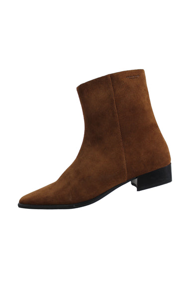 vagabond cocoa suede ankle boots. features tapered square toe, side zip closure, and contrast ~1.25" stacked heel. 