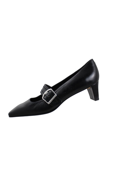 vintage etienne aigner black heels. features a buckle detail, square toe shape, and a conceptual block kitten heel.