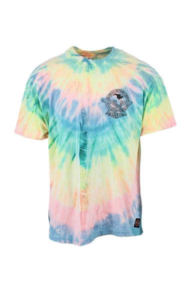 vintage harley-davidson multicolor tie-dyed 1992 rally t-shirt. features black circular logo/text at left chest + upper back,  embroidered patch at front hem, and rib knit crew collar. 