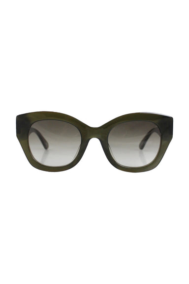 kate spade hunter green jalena sunglasses. features thick cat eye frame, gradient green/gray rounded square lenses, and silver branded spade on left temple. 