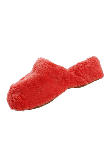 description: ugg red fuzz clogs. features rounded toe silhouette, rubber outsole, slip on style, and ~2" platform. 