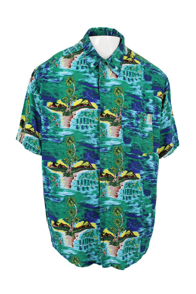 vintage multicolor short sleeve button-up hawaiian shirt. features hawaiian themed landscape print thoughout, chest patch pocket, and pointed collar.