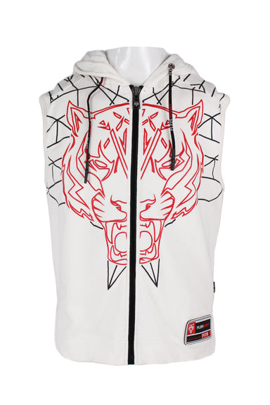  vintage y2k plein sport white tiger sleeveless hoodie. features abstract tiger print at shell, adjustable hood, branded text at back, zip closure at front, slim fit.