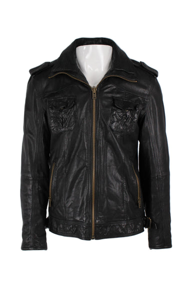 superdry black leather jacket. features layered collared neckline, buttoned chest pockets, topstitching, zip waist pockets and zip detail at arm, zip closure along front.