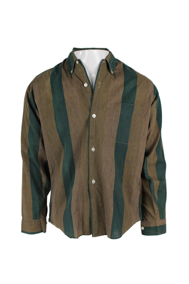  vintage town topic 60's green-toned striped button up shirt. features striped shell, buttoned collared neckline, barrel cuffs, button closure along front.