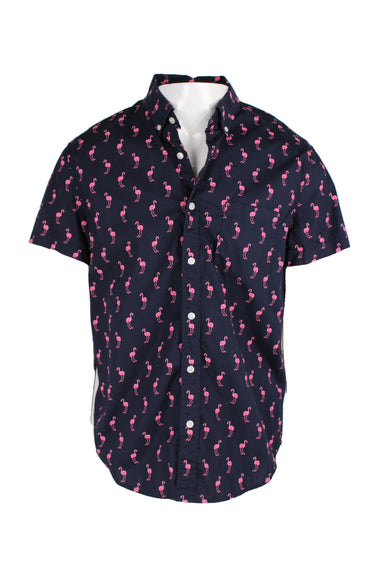 j.crew navy and pink short sleeve 'flex washed' button-up shirt. features all-over flamingo print, chest patch pocket, button-down collar, and slim fit. 