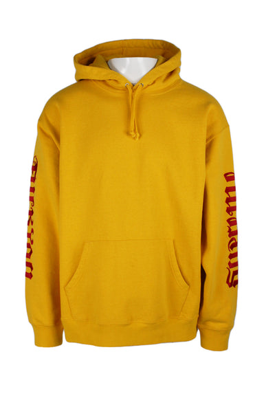 supreme yellow cotton hoodie. features attached adjustable hood, kangaroo-style patch pocket, ribbed trim, red text at arms, branded text at hood, slip-on fit.