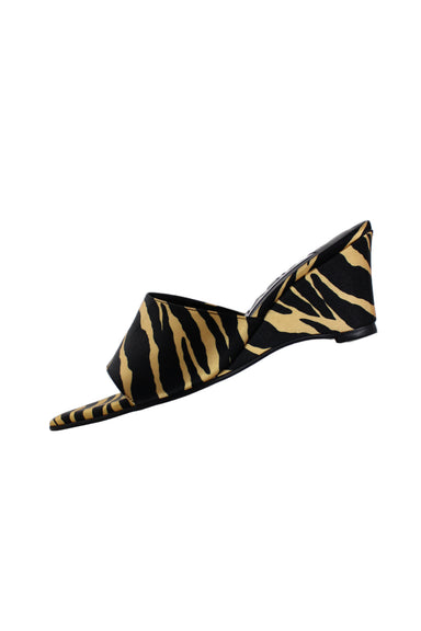 yieyie tiger stripe wedge mules. features pointed peep toe, satin body, and wedge heel. 