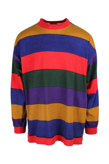 vintage montique multicolored sweatshirt featuring a high ribbed neckline, dropped shoulders, tonal topstitching, stripe motif and a standard fit. 