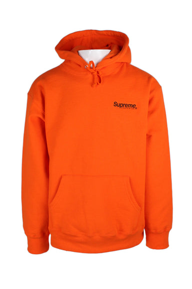 supreme s/s 23 neon orange worldwide hoodie. made in canada. features embroidered logo at chest, graphic worldwide specs at back, ribbed trim, kangaroo-style patch pocket, adjustable hood, heavyweight cotton relaxed fit.