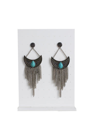  unlabeled silver tone metal blue earrings. features printed tribal inspired patterns, geometrical 'u' shaped plate with turquoise bead, chains detail, and butterfly style backings.