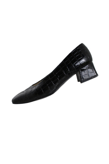 vintage etienne aigner black leather patent leather dress shoes. features croc embossed leather, short leather covered heel, pointed square toe, slip on fit, and branded leather insole. 