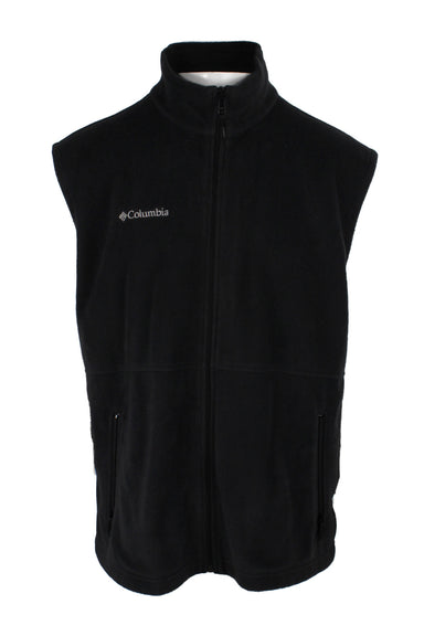 columbia charcoal grey fleece zip up vest. features logo embroidered at right breast with zip hand pockets at sides.
