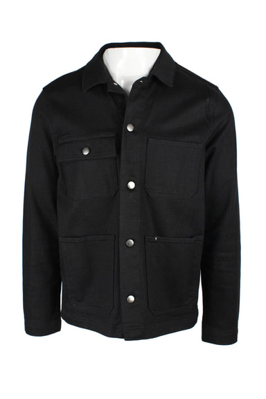 everlane black denim jacket featuring a classic collar, silver tone branded button closures, chest pockets and pockets at the lower front and a boxy fit. 