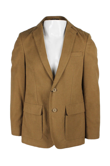 ike brown blazer jacket featuring a notched lapel collar, tonal button closures, flap pockets at the lower front tonal topstitching and a boxy fit. ke brown blazer jacket featuring a notched lapel collar, tonal button closures, flap pockets at the lower front tonal topstitching and a boxy fit. 