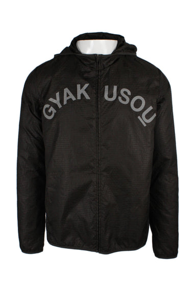 description: nike x gyakusou dark green jacket. features hood, zipper closure at center front, zip closure pockets at sides, and gyakusou type print texturized fabric throughout. 