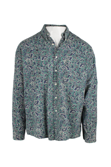 vintage bon homme green-blue multicolor long sleeve button down top. features a paisley print throughout and patch pocket at the left chest. please see condition. sold as is.