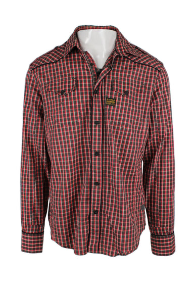 g star raw red and grey plaid long sleeved shirt featuring a classic collar, a concealed zip closure, tonal snap button closures, chest pockets and barrel cuffs. 
