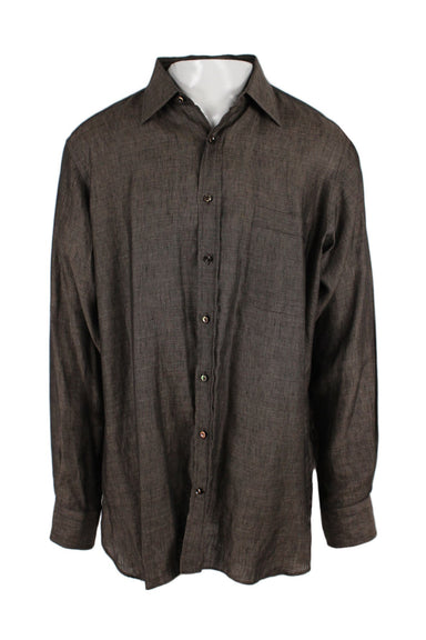seize sur vingt brown long sleeved shirt featuring a classic collar, tonal button closures, tonal topstitching, a chest pocket and barrel cuffs. 