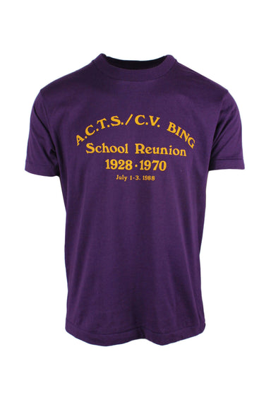 vintage screen stars purple short sleeved top featuring a round ribbed neckline, tonal topstitching, yellow 'school reunion' text and a slim fit. 