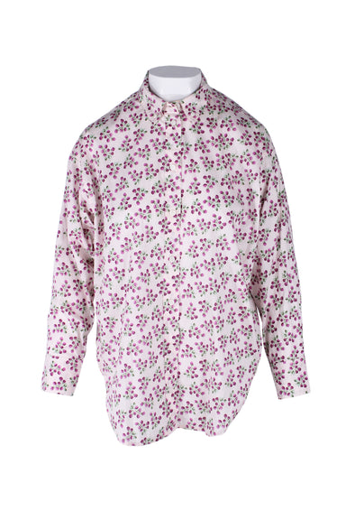  j.crew pink cotton long sleeve button down shirt. features berries print throughout, spread collar, tonal stitching, button at cuffs, slit at sides, and multi button closure at front; relaxed fit. 