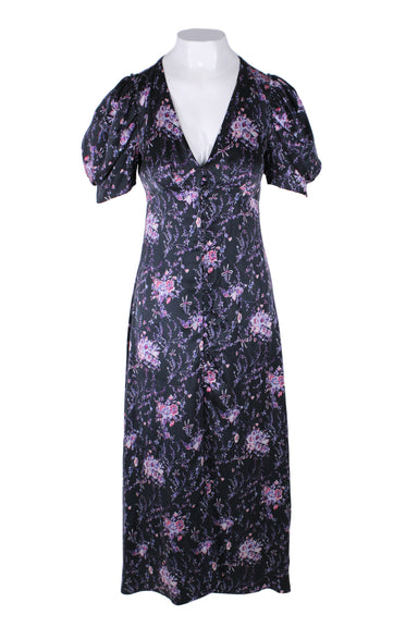 loveshackfancy navy and purple floral silk maxi dress. features v-neckline, puffed short sleeves, fabric covered small button closure up center, and long slit up center. 