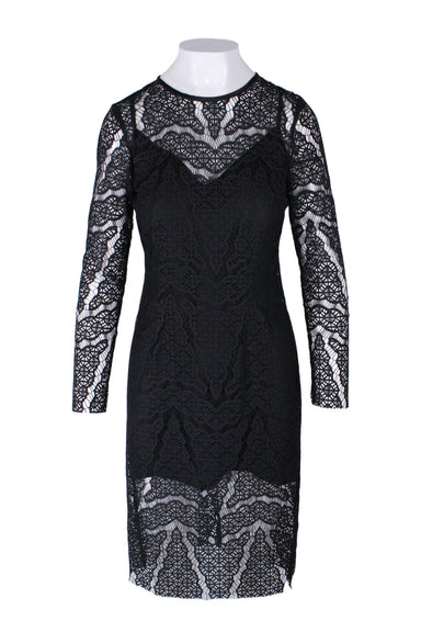sandro black lace long sleeve dress. features open weave lace outer, opaque mini slip dress lining, high rounded neckline, knee-length hem, exposed silver zipper closure up back. 