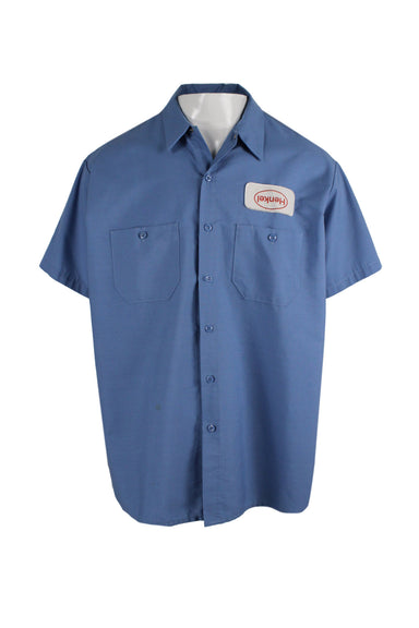 description: vintage perfect blue short sleeve shirt. features "kenkel" upside name tag at left side collar, loose fit, button down closure, dual front pocket, and straight bottom hem. 