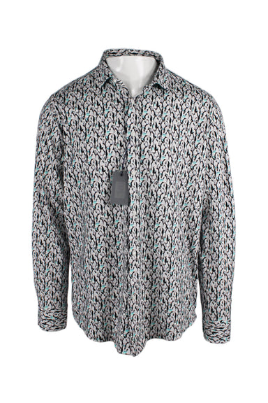 guide london premium white/blue/multi long sleeve button up shirt. features penguin pattern throughout with buttons at cuffs.