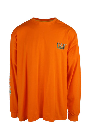 cat orange long sleeve cotton shirt. features logo printed at left breast/right sleeve and logo tag at left side above hem.