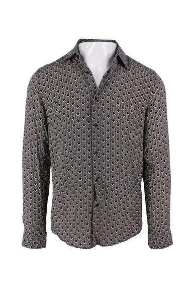 reiss black and white lightweight collared shirt. features two-tone geometric print throughout, lightweight fabric, and button closure. 