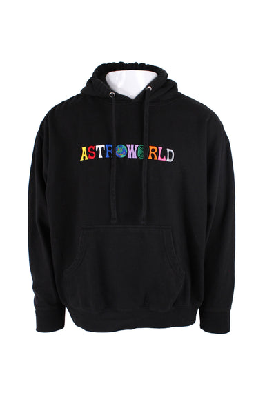 astroworld black cotton blend pullover hoodie. features multicolor 'astroworld' embroidery at chest, white 'wish you were here' lettering at back, kangaroo pocket, drop sleeves, and boxy silhouette. unlined. 
