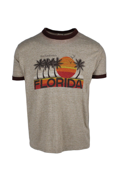 vintage beige ringer t-shirt. features ‘florida’ graphic printed at chest with brown ribbed collar/cuffs.