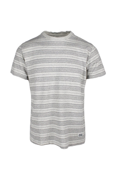 norse projects light heather grey ‘niels’ cotton t-shirt. features textured stripe pattern throughout, logo tag at front left above hem, and ribbed collar.