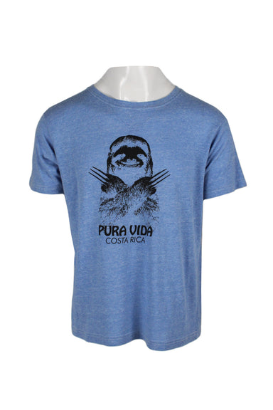 description: vintage blue pura vida costa rica black type print short sleeve tee. features crew neckline, loose fit, and straight bottom hem. 