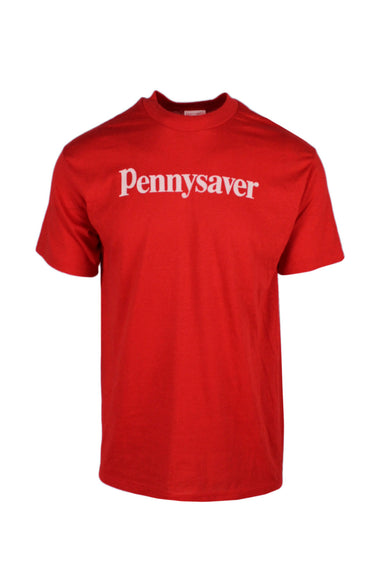 vintage red short sleeve t-shirt. features white 'pennysaver' text at chest and rib knit crew collar. 