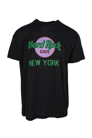 description: vintage black ssi hard rock cafe new york green purple print short sleeve tee. features crew neckline, loose fit, and straight bottom hem. 
