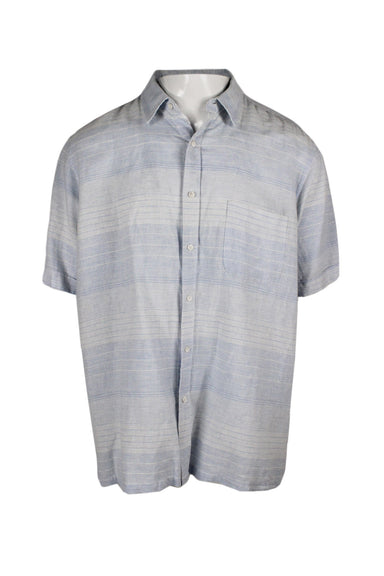  tasso elba light blue & white striped linen button up shirt. features faintly striped shell, collared neckline, short sleeves, relaxed fit, button closure along front.