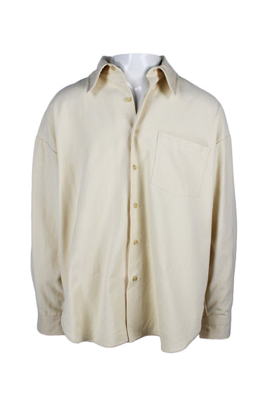 california arts & recreation board cream heavyweight long sleeve brushed cotton shirt. features exaggerated pointed collar, chest patch pocket, dropped sleeve design, tonal button closure, and boxy silhouette. 